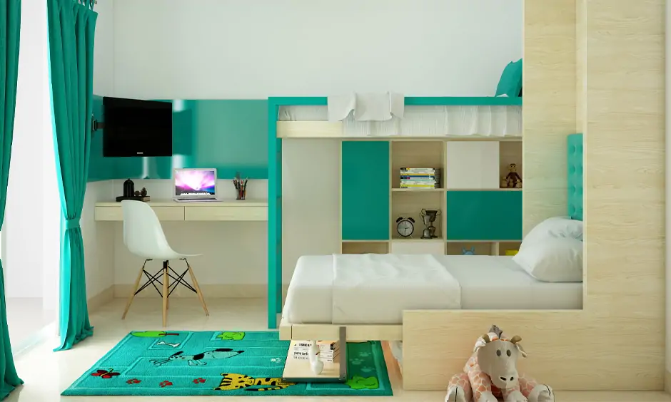 Step-up style twin bed in kid’s room decorated with compact corner study table
