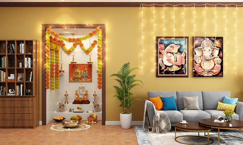 Ugadi home decoration with fairy lights and marigold garlands lends warmth to the area