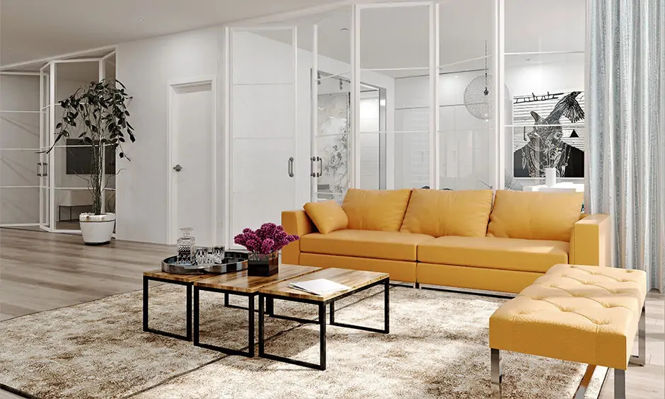 Ultra-modern glass partition design for a living room allows natural light to flow, making the space feel brighter