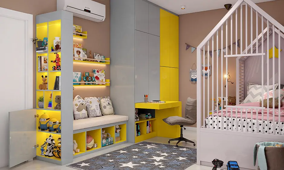 Vibrant kids room with lot of storage space