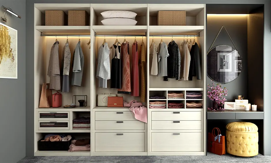 Walk in wardrobe design with dressing table adds extra functionality