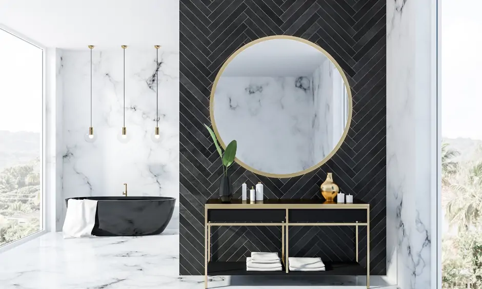 Bathroom in white wall colour combination with black tiles lends a modern elegance