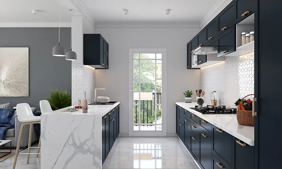 Parallel kitchen in white and matte black colour combinations for aesthetic look