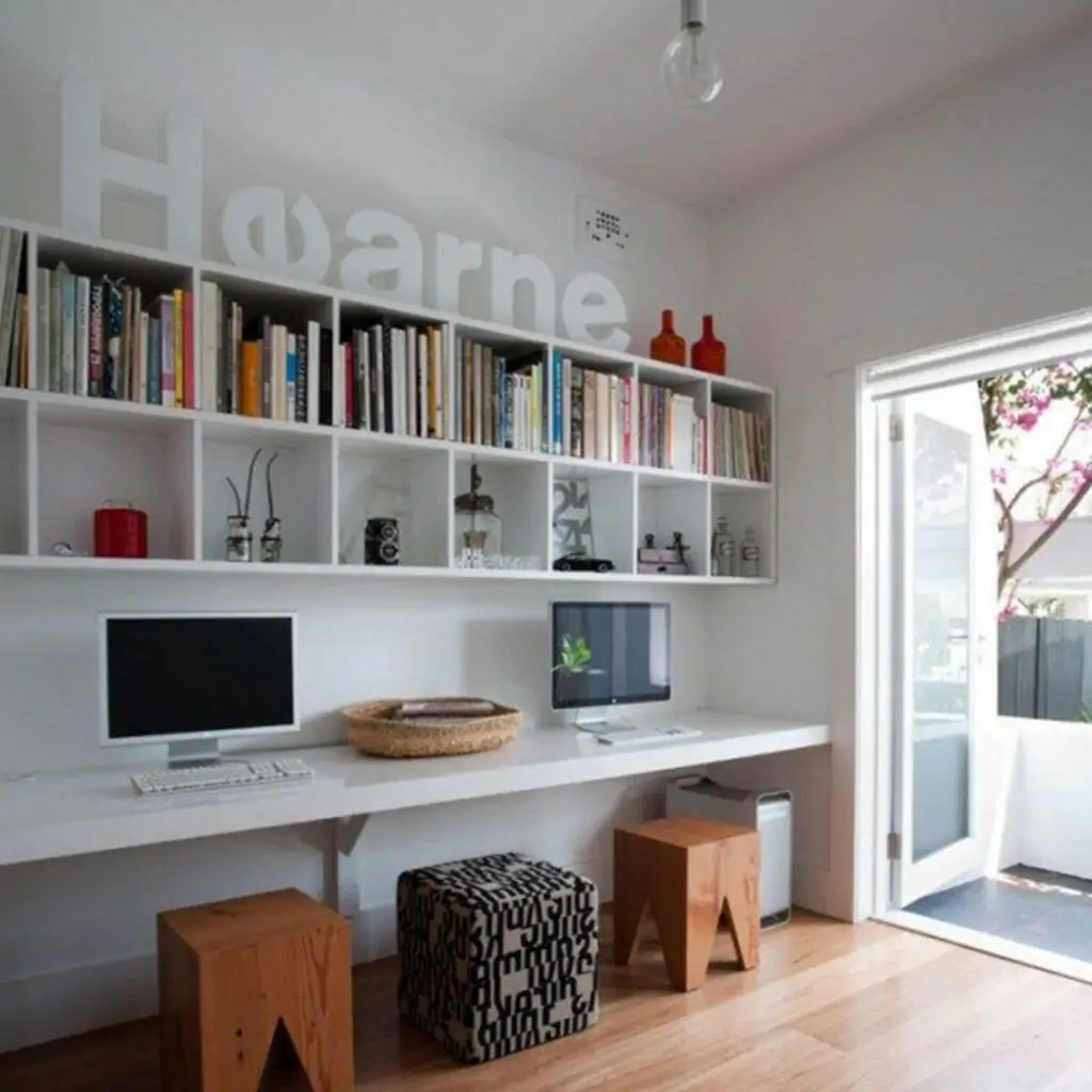 Study room interior design with a white bookshelf mounted over a desk
