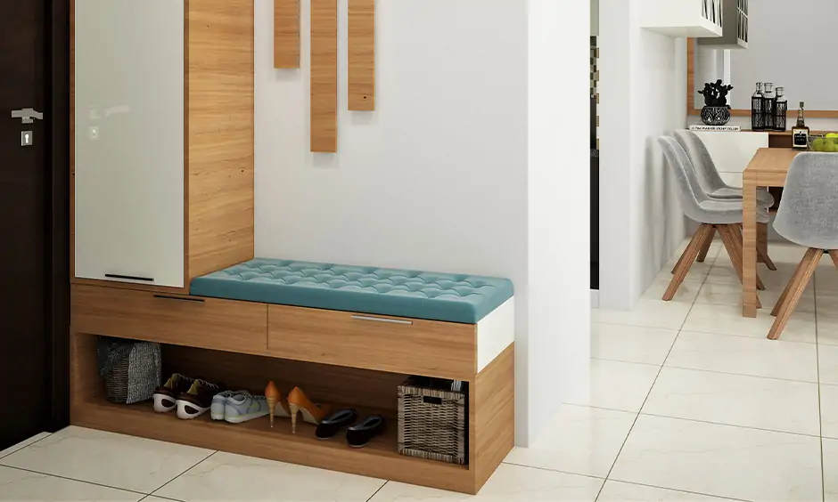Wooden entryway bench with built-in shoe storage
