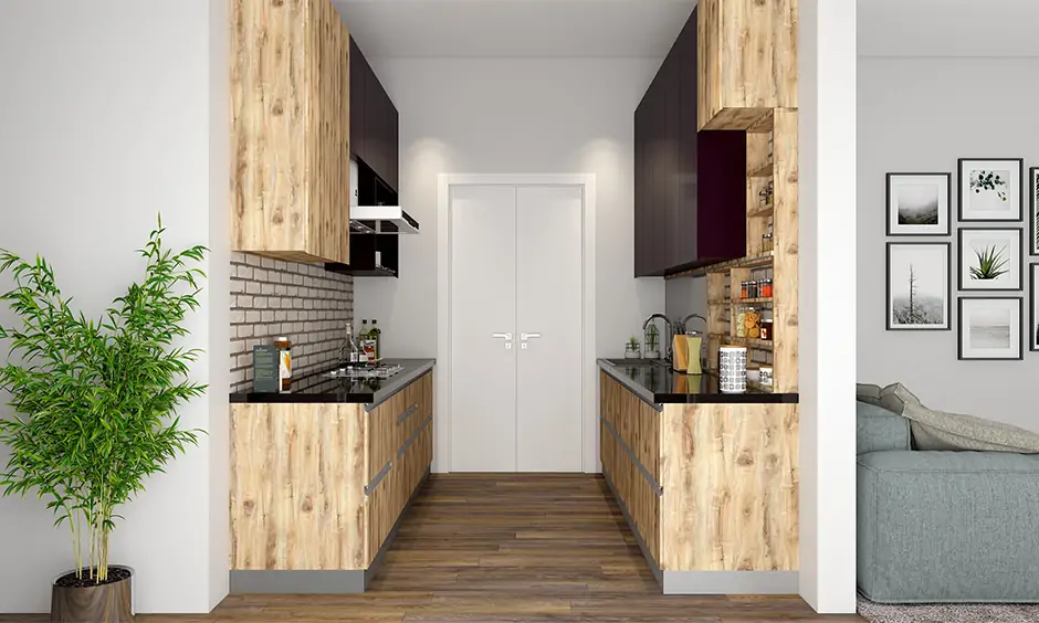 Wooden floor tiles design in parallel kitchen gives a stylish look