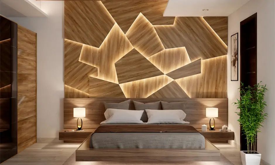 Wooden wall cladding for the bedroom accent wall for a cosy look