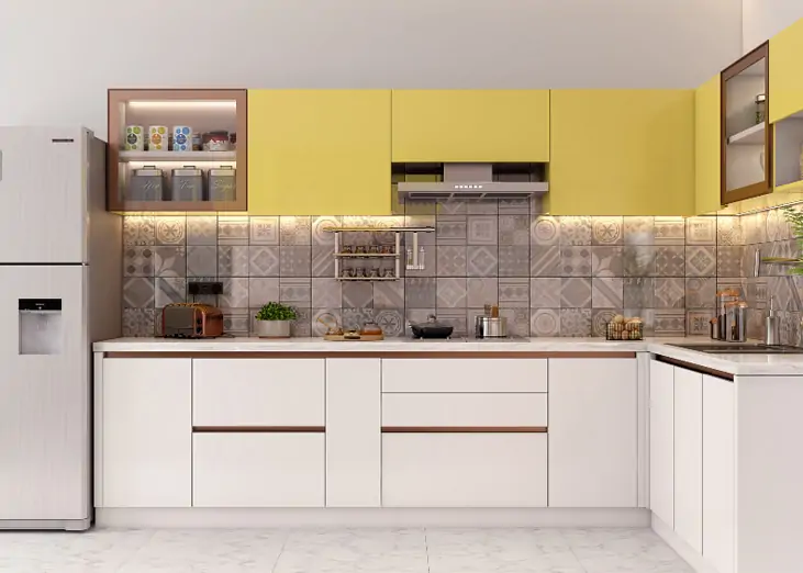Yellow and white modular kitchen sunmica design to make your kitchen stand out