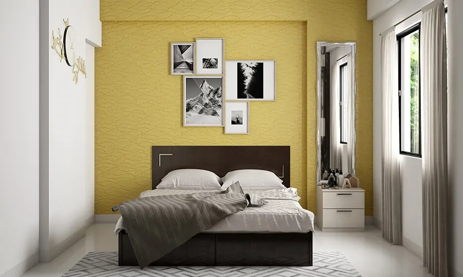 A bedroom painted in mustard yellow & room looks much more significant than it is the best paint for a darkroom.