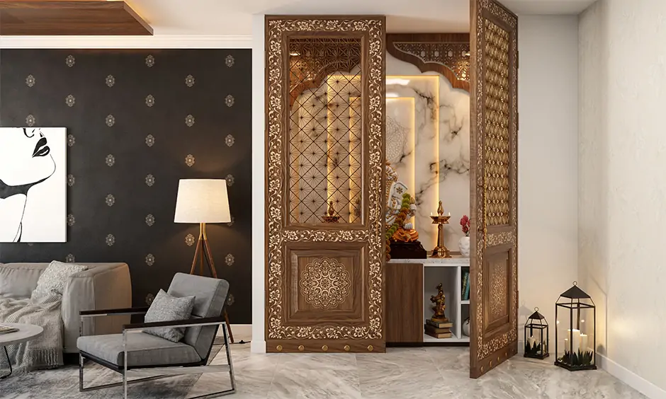 Mdf jali design for a Kashmir inspired mandir with backlighting in led strips