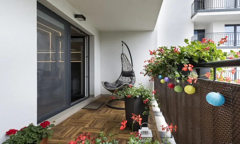 Small balcony with mesh grills provides safety and security is the balcony safety grill designs for apartment.