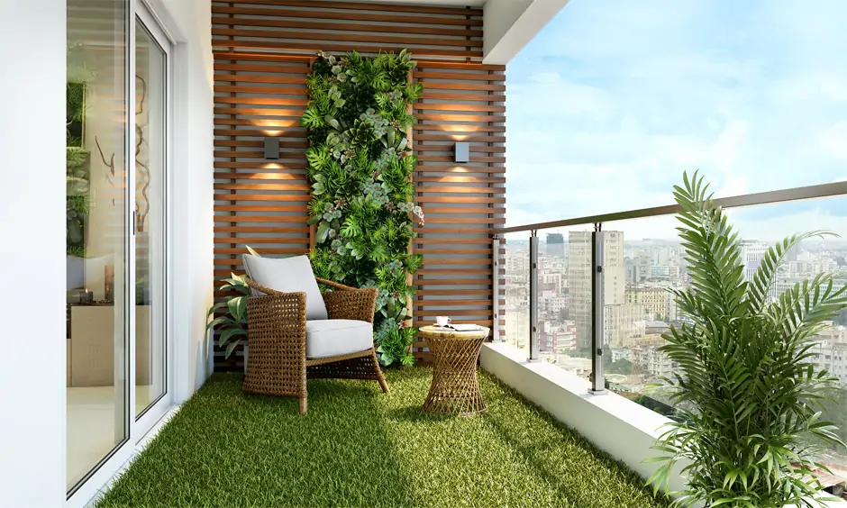 Balcony decoration ideas with plants place vertically on a wall to create a tranquil atmosphere