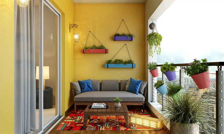 Balcony decoration with plants in colorful pots hanging on the wall creates a vibrant look