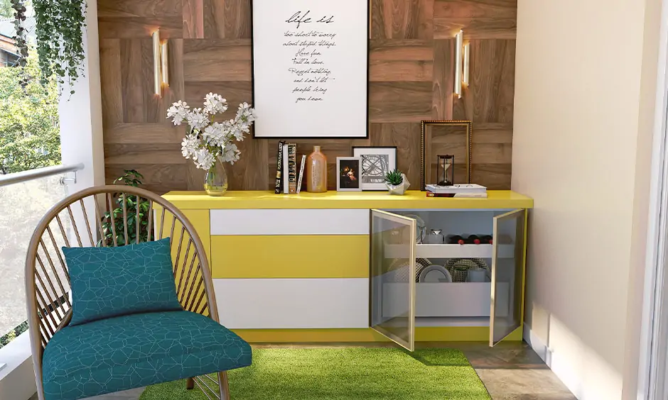 Balcony storage cabinet with shutters and drawers in yellow colour