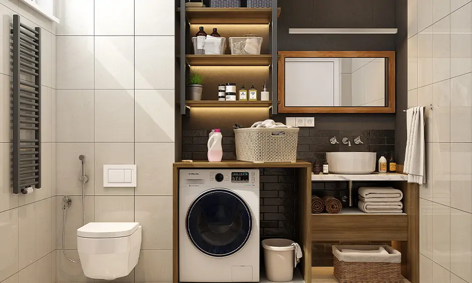 Bathroom wash area design incorporates washing machine space and floating storag