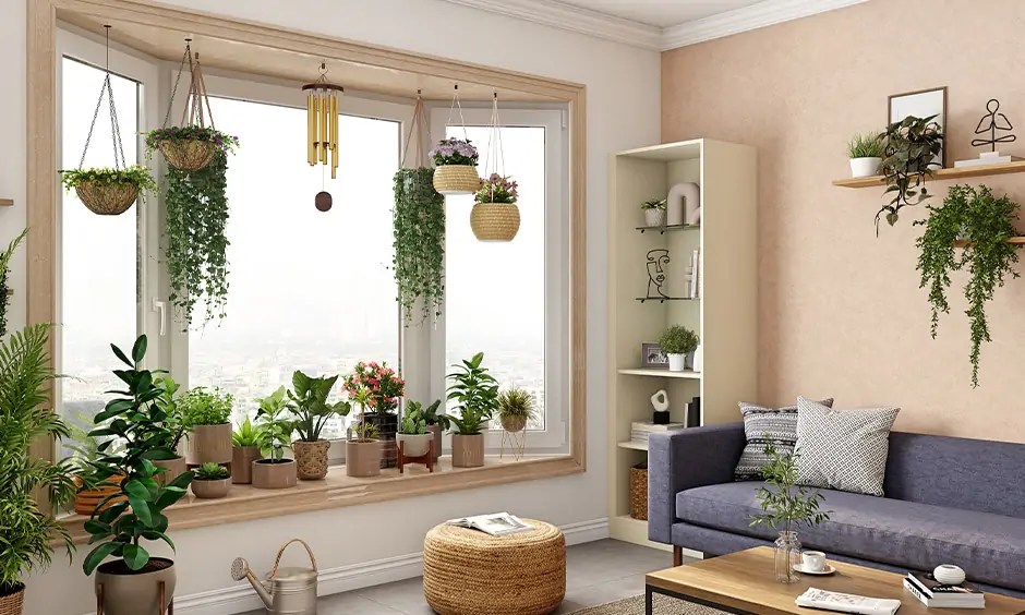 Bay window garden design in the living room  to bring freshness to the space