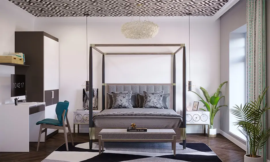 Bedroom false ceiling wallpaper in bold black and white gives an attention-grabbing look