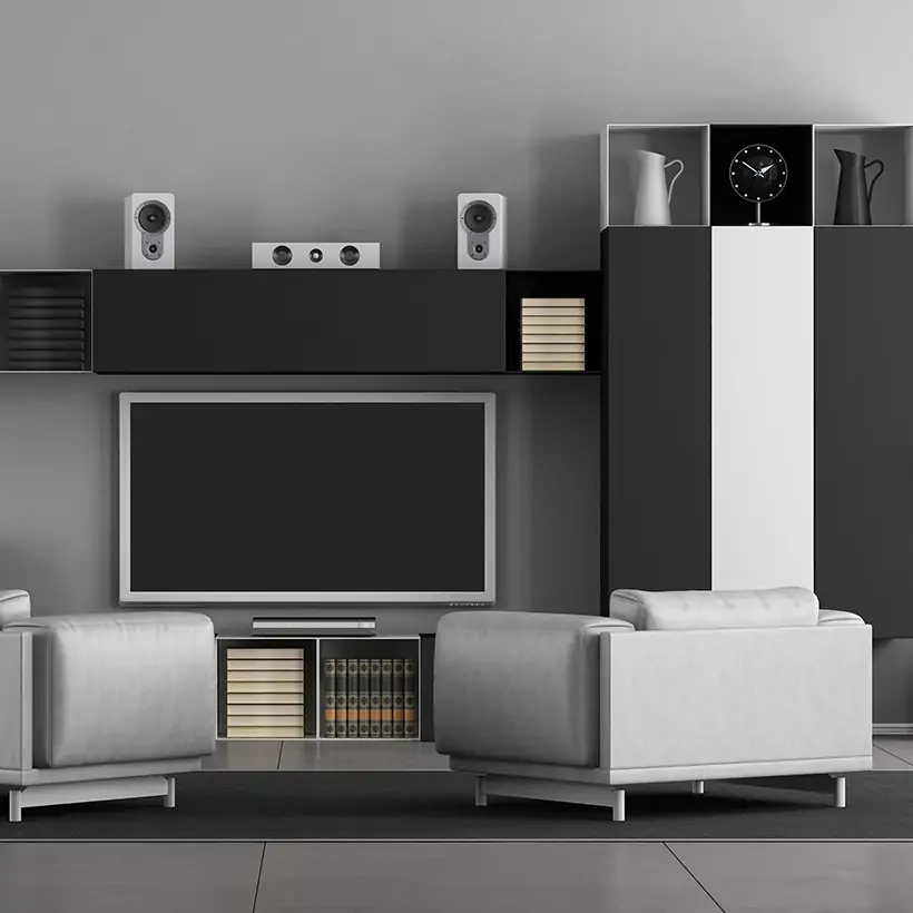 Tv showcase design with black and white colour with different styles of cupboards for living room