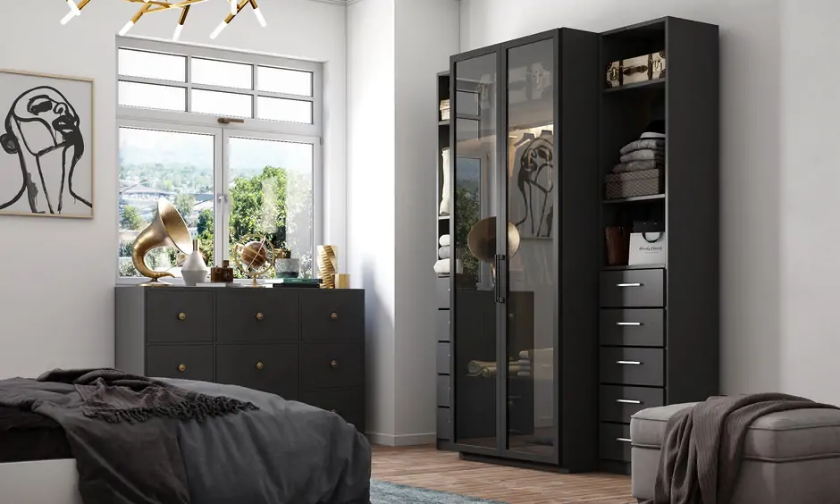 Black bedroom cupboard interior design with assorted open shelves