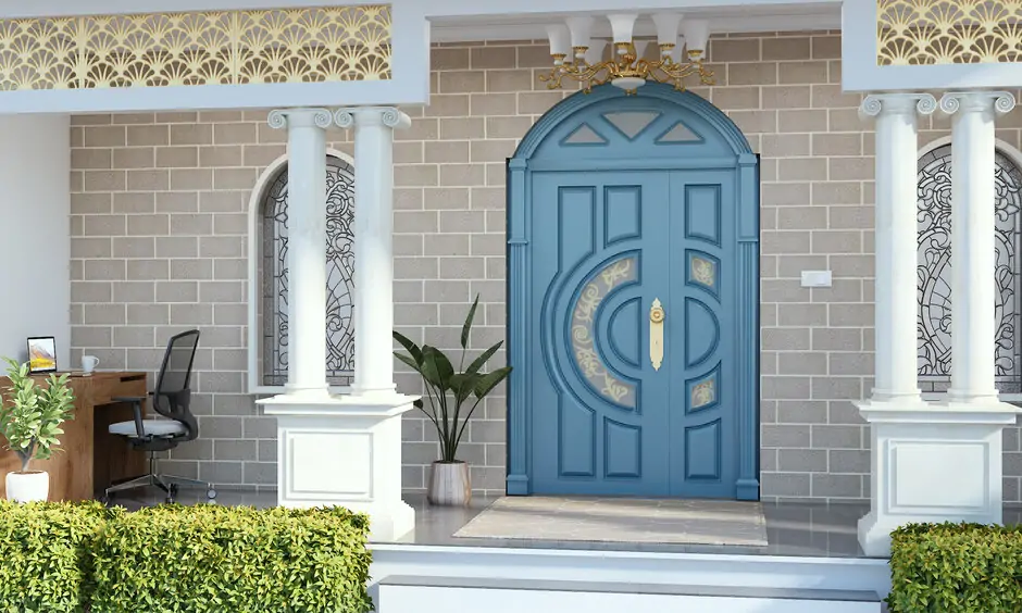 Arch door design in blue colour with printed glass panels for a contemporary look