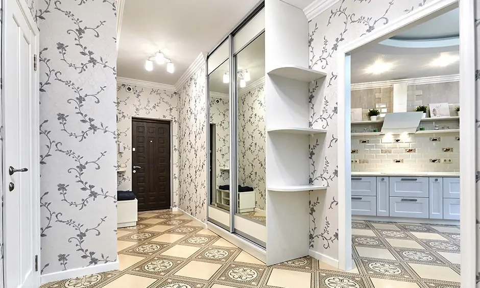 Patterned white wallpaper for hall room adds a much-needed brightness to this narrow hallway