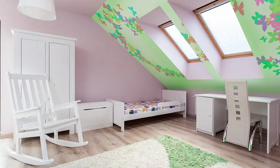 Childrens bedroom design in attic area wallpaper in attic roof makes this kids bedroom look colourful