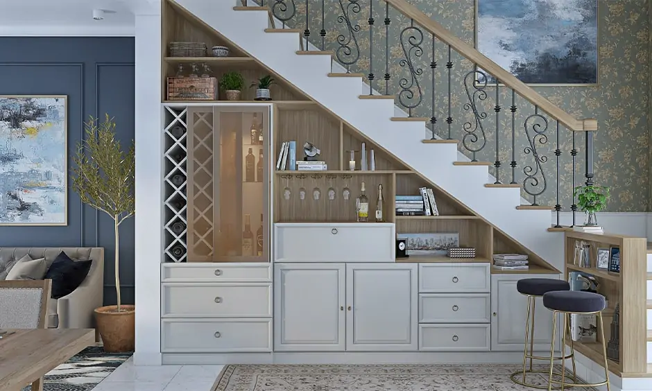 Space saving classic staircase design for small homes with a bar unit underneath