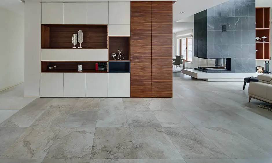 Modern living room with vitrified tiles flooring is effortless to maintain and is comfortable for people