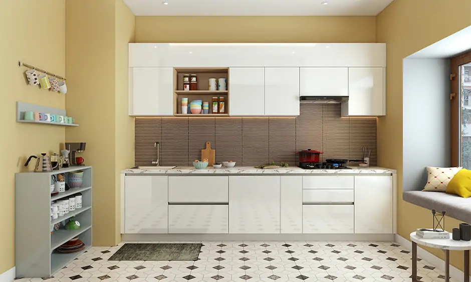 Coffee station ideas in a straight kitchen with a floor touch cabinet have open shelves