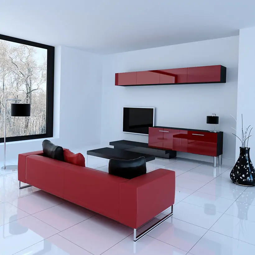 Hall tv showcase interiors for your home with red coloured tv cabinet on the top and bottom in modern tv showcase