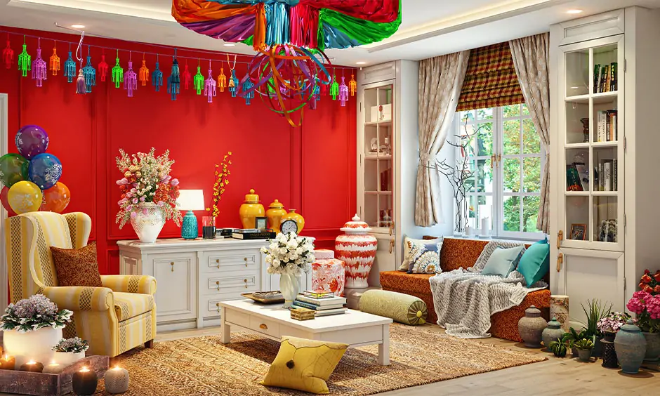 Decorate the living room with colourful balloons streamers and hand made lanterns are bright festival decoration ideas