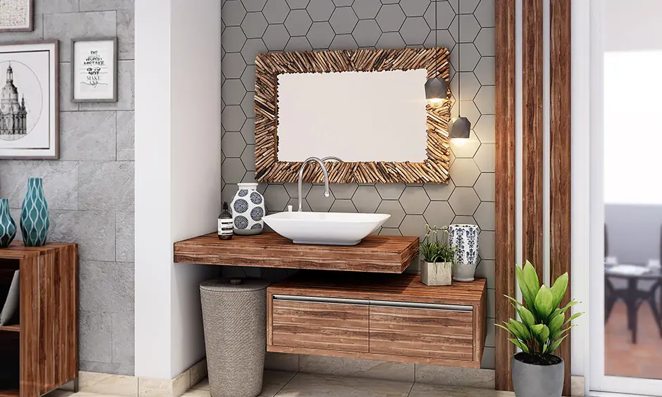 Common wash area design features a white basin and floating wooden storage