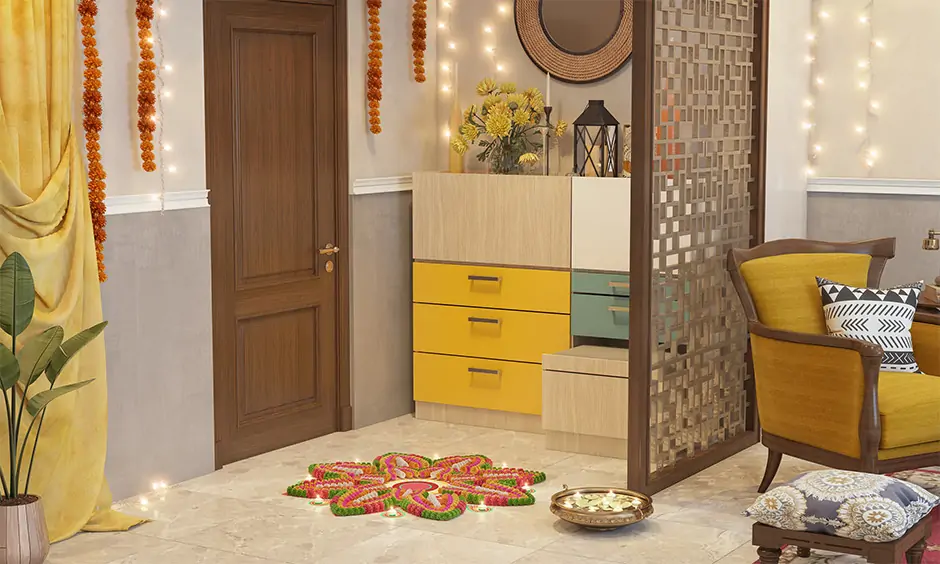 Foyer flower rangoli for raksha bandhan home decor