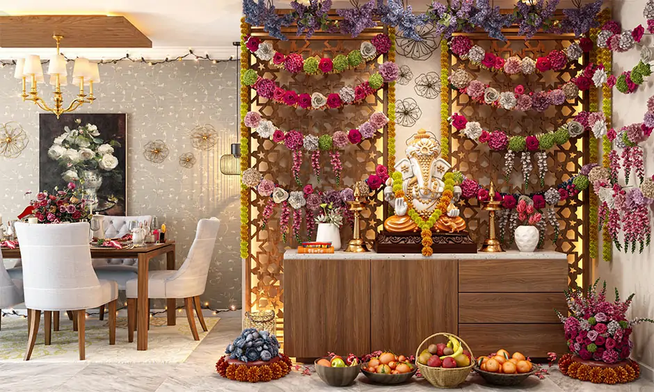 Decorate with flowers and add lights behind it looks stunning is decoration ideas for ganpati at home