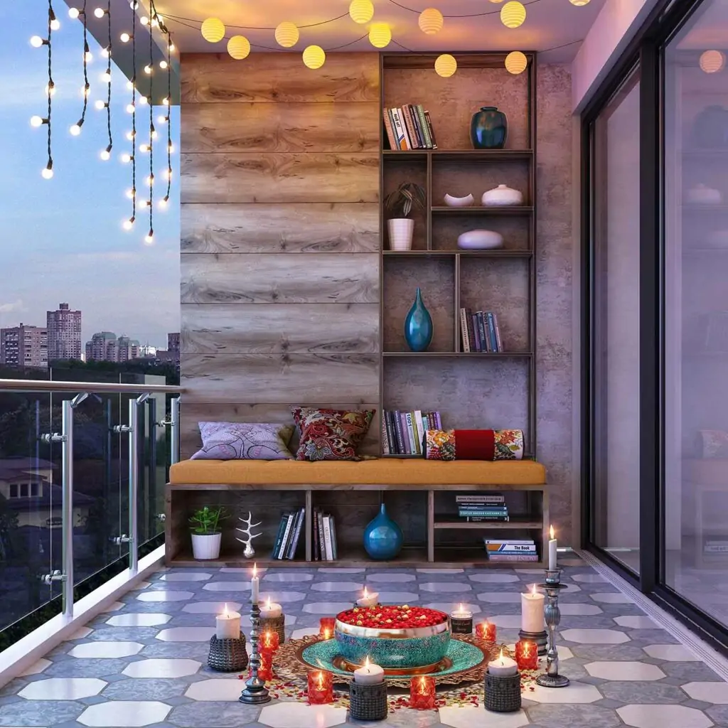 Decorate your balcony using chandeliers lantern starry lights and more using design cafe's Diwali Lighting Ideas for Balcony