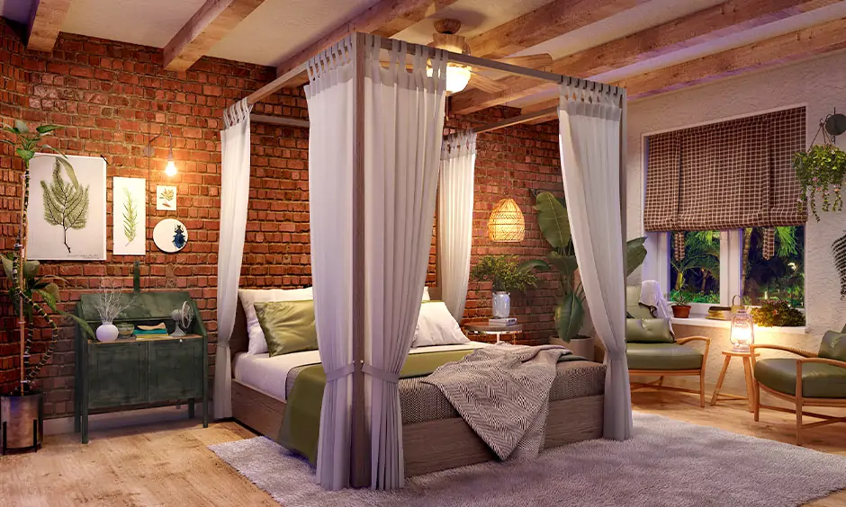 Simple cottage house design having a rustic bedroom with a four-poster bed