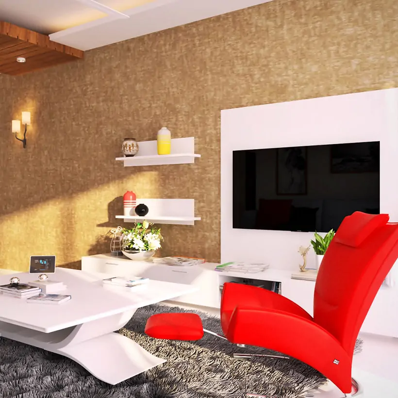 Tv showcase design images with floating shelves and a floating style of table with a big relaxing chair for corner