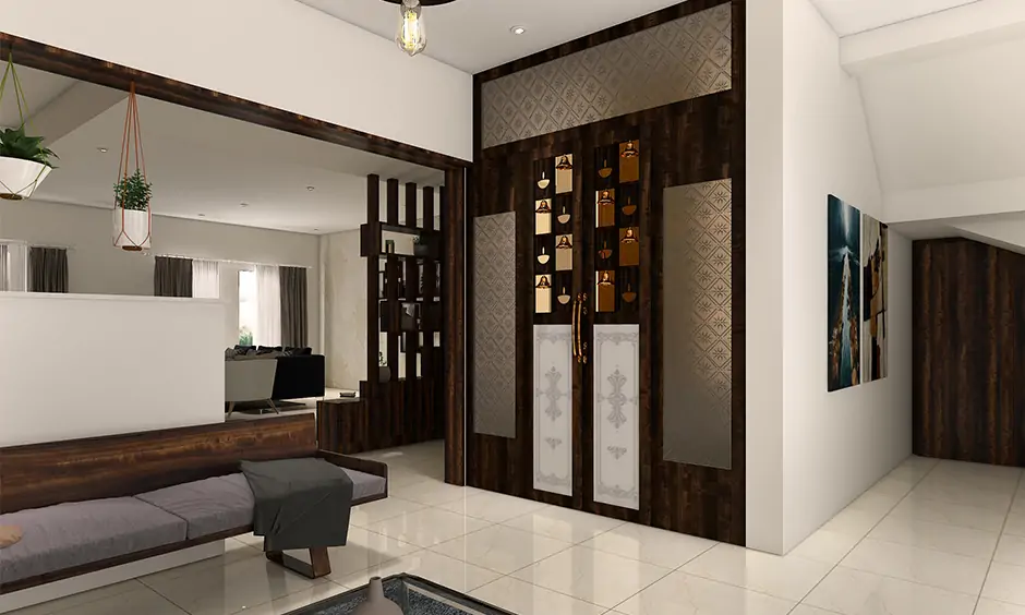 Frosted glass Pooja room door design which has few patterns and carvings for an elegant look