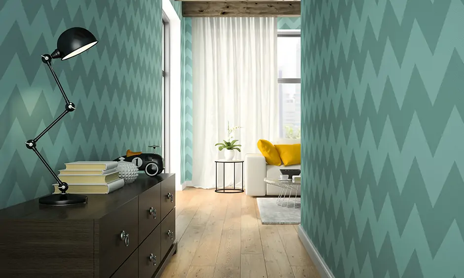 Hallway wallpaper in funky style balances the subtle modern design with the storage cabinet unit.