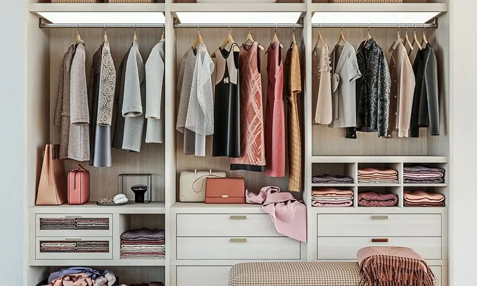 Girls wardrobe and women's wardrobe designed based on requirements, size allocation, and trends like drawers and hanging compartment.