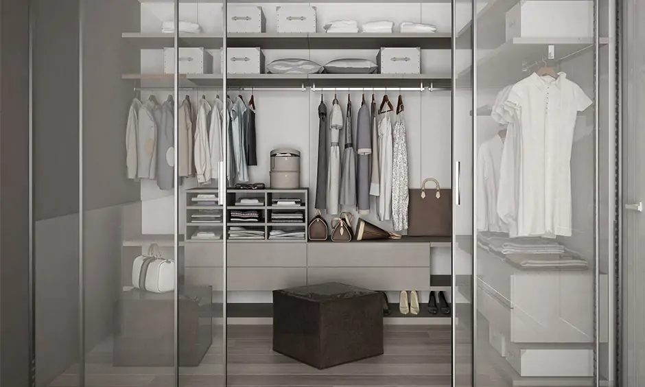 Glass 3 door sliding wardrobe design where you can't leave your wardrobe messy