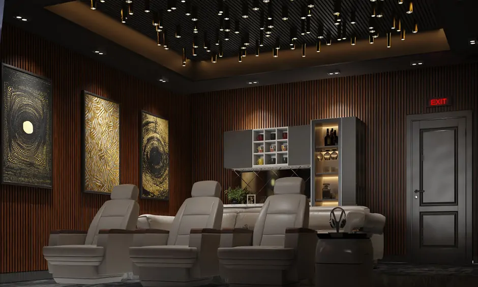 Home theatre ceiling design with right lighting system