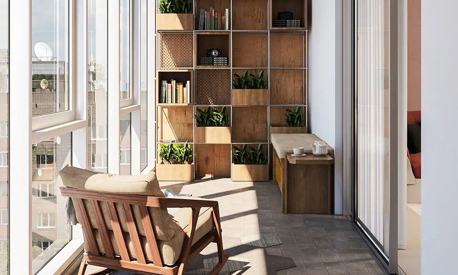 Balcony has indoor plants on wall mounted wooden shelves with storage