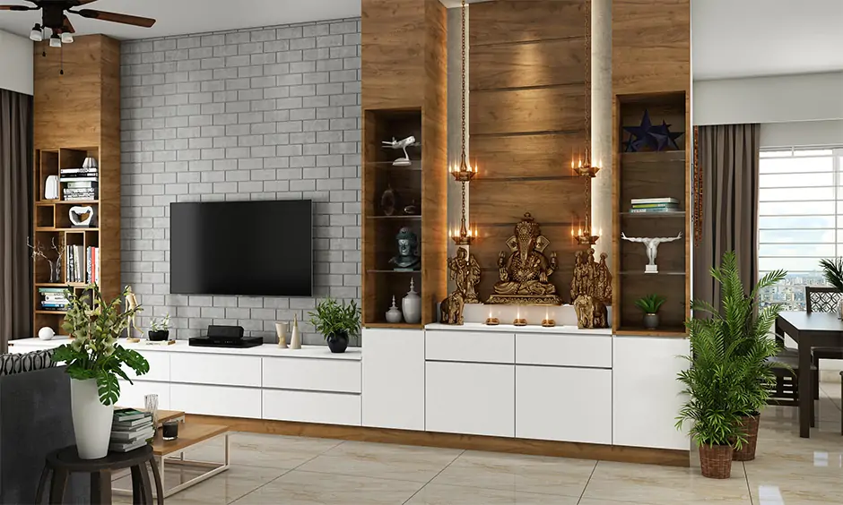 Industrial tv unit with mandir takes on a different aura with its rustic look