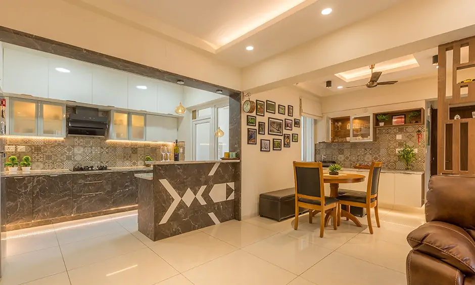 Kitchen and living room interior in Bangalore costs INR 3-4.5 lakhs for basic materials and finishes