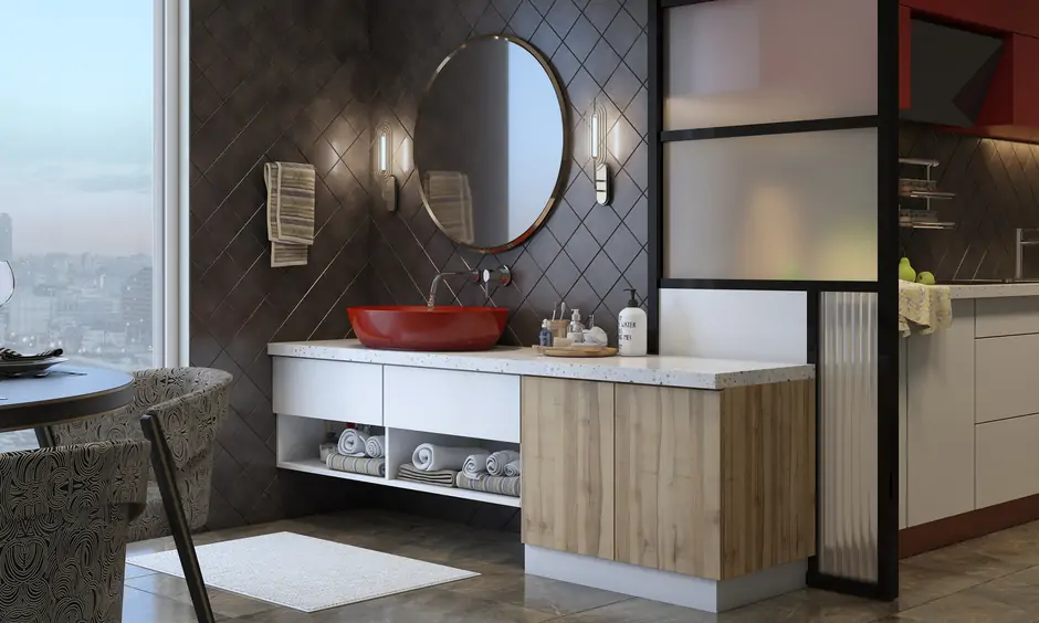 Kitchen and wash area design includes a red basin with multipurpose storage underneath