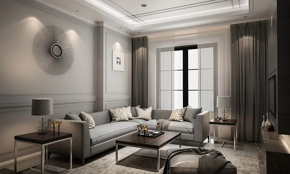 Home staycation idea, grey living room designed with ceiling lights, l shaped sofa for a hotel lobby-like experience.