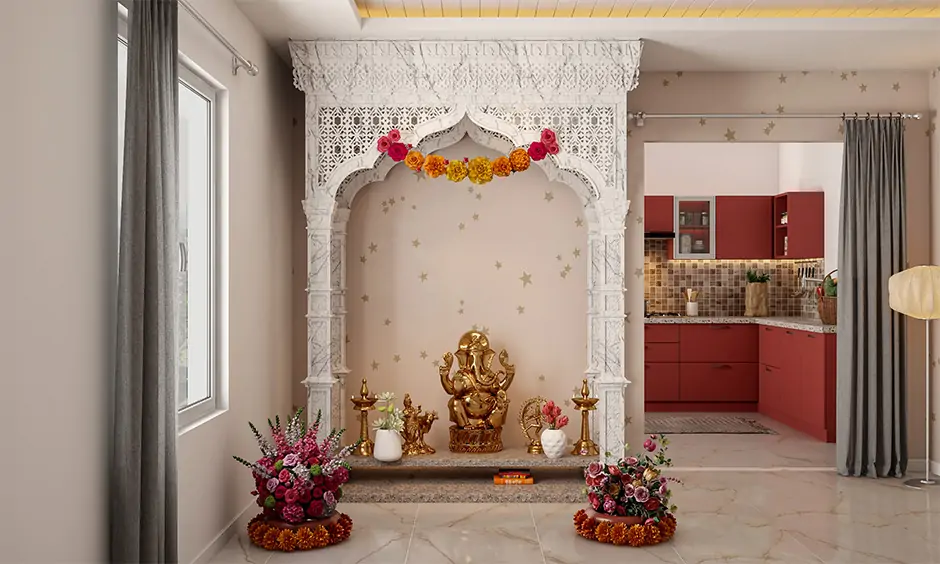 Carved marble temple design for home adds a grand appeal