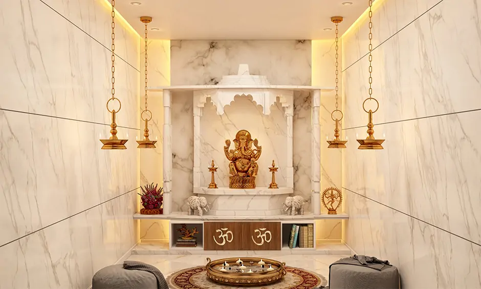 Marble temple design for home comes with a shelf beneath that can store religious books