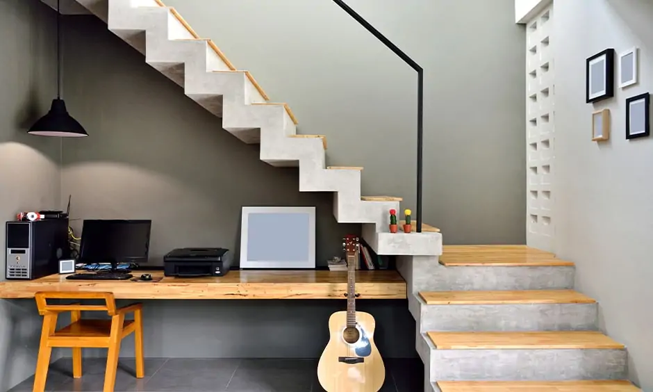 Minimalist corner staircase design with a study space